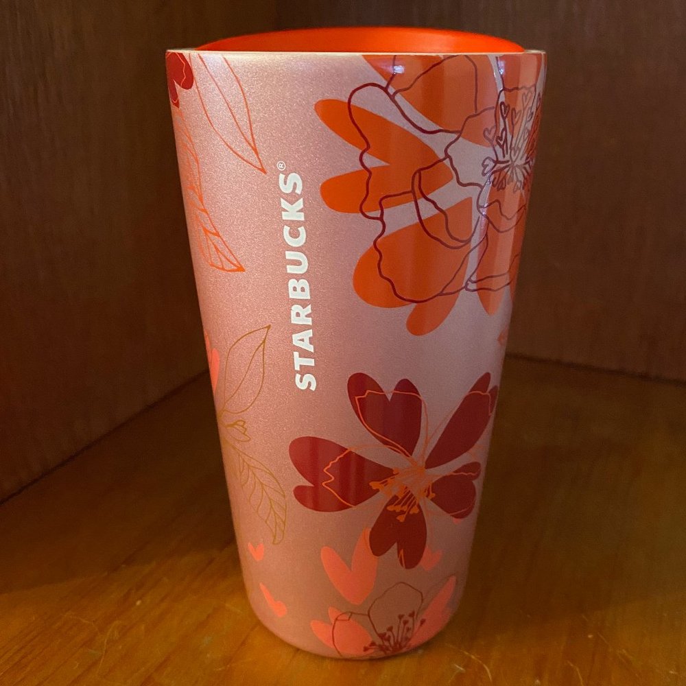 RARE Starbucks Floral Shimmer Ceramic Travel Mug Cup 2020 Spring Orange Red Pink